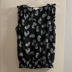 LOFT Black and White Paisley Ruffle Top